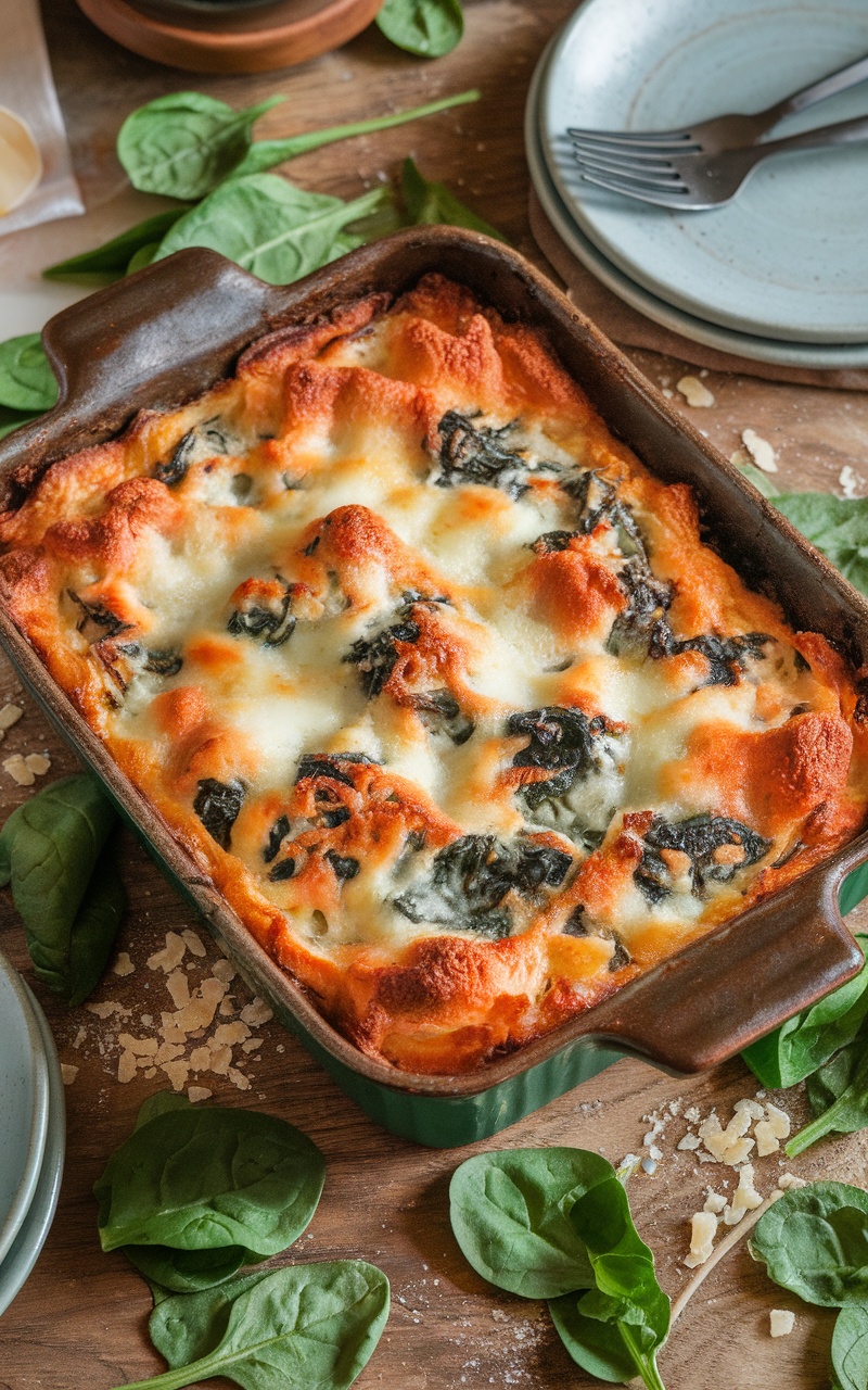 Keto Spinach and Cheese Casserole Recipe A cheesy spinach casserole in a baking dish, garnished with fresh spinach leaves, ready to be served.